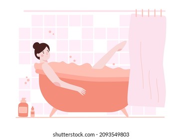 Joven relajando en Bathtub ilustraciones vectoriales. Mujer bañándose. Cuidado de la piel, concepto de rutina de belleza.