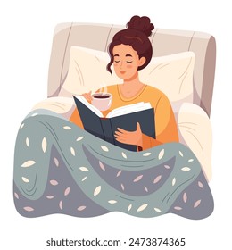 Young woman relaxing with book and cup of tea in bed. Person reading literature at home. Novel reader resting under blanket on weekend.  Flat vector illustration isolated on white background