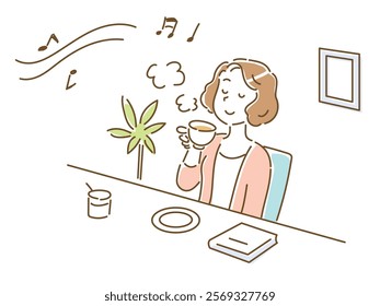 Young woman relaxing in a cafe listening to music and drinking tea