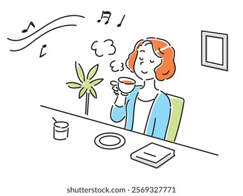 Young woman relaxing in a cafe listening to music and drinking tea