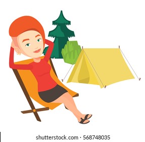 Young woman relaxing in camping. Woman sitting in folding chair on the background of camping site. Woman enjoying her vacation in camping. Vector flat design illustration isolated on white background.