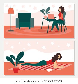 Young Woman Relaxing and doing Sport Exercises at Home with Modern Interior Design. Girl Working on Laptop, Engaged Gymnastics and Fitness Stand in Plank Posture. Cartoon Flat Vector Illustration