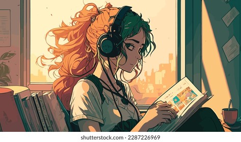 A young woman is relaxing and enjoying some chill vibes with her headphones on, listening to lofi music. She's lost in thought, and her expression suggests a sense of peacefulness.