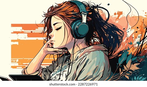 A young woman is relaxing and enjoying some chill vibes with her headphones on, listening to lofi music. She's lost in thought, and her expression suggests a sense of peacefulness.