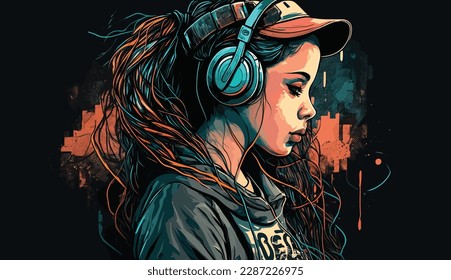 A young woman is relaxing and enjoying some chill vibes with her headphones on, listening to lofi music. She's lost in thought, and her expression suggests a sense of peacefulness.