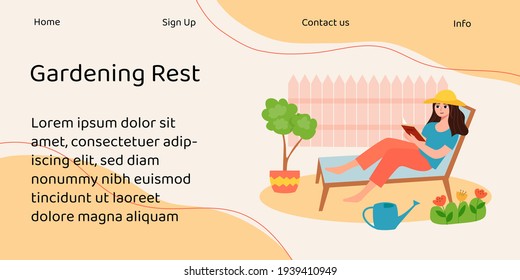 A young woman is relaxing in the garden reading a book. Template for banner. Perfect for advertising garden furniture, gardening products, or for an article about self-care and quality recreation