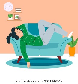 Young woman relaxing at home, after a long day at work, illustration.