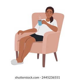 Young woman relaxing at home and getting coffee break concept. Flat vector illustration isolated on white background