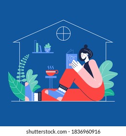 Young woman relaxing at home. Girl sitting in comfort and reading the book. Winter and autumn evening time at home. Stay at home concept. Self-isolation, quarantine. Vector flat illustration.