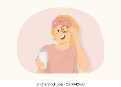 Young woman relaxing at home hold glass of milk cover eye with cookie concept