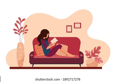 Young woman relaxing at home lying on the couch reading a book. Girl taking a break resting on the sofa of a cozy house. Female daily lifestyle vector illustration.