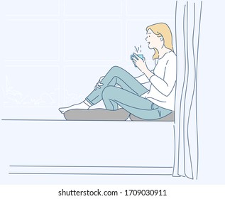 Young woman relaxing at home next to a window and having a cup of coffee, she looks like very happy. Hand drawn in thin line style, vector illustrations.