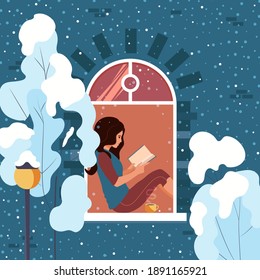 Young Woman Relaxing At Home Sitting On The Windowsill Reading A Book. The Girl Is Resting In A Cozy House, And Outside The Window Is Winter. Vector Illustration.