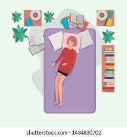 young woman relaxing in mattress in the bedroom