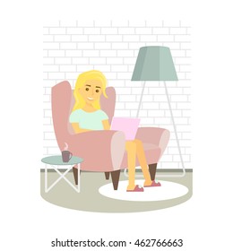Young woman relaxing on armchair and browsing Internet . Girl with laptop at home. Vector illustration