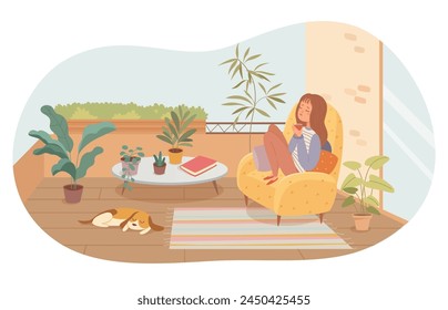 Young woman relaxing on balcony with coffee. Girl enjoying tea sitting at green terrace, home garden with house plants. Happy female person resting on rooftop with mug of hot drink. Summer interior.