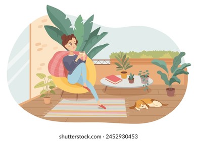 Mujer joven que se relaja en el balcón con café. Chica disfrutando del té sentado en la terraza verde, jardín casero con plantas de la casa. Persona femenina feliz que descansa en la azotea con taza de bebida caliente. Interior de verano.