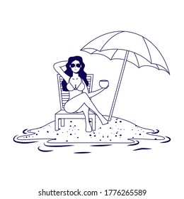 young woman relaxing on the beach seated in chair and umbrella vector illustration design