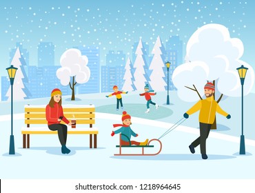 Young woman relaxing on bench, Happy man with kids sledding in the winter park.   Vector flat style illustration