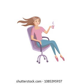 Young woman is relaxing on chair with cup of hot drink tea or cofee. Her long hair flutter. Cartoon vector illustration