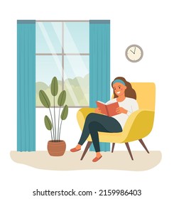 Young woman relaxing on chair reading book by the window. Vector flat illustration