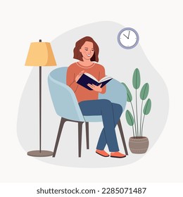 Young woman relaxing on chair and reading book. Vector flat style cartoon illustration