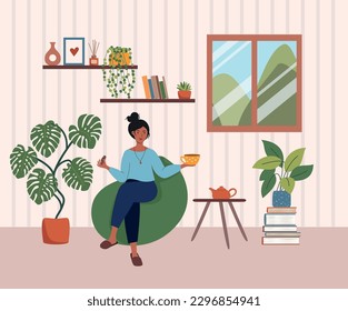 Young woman relaxing on cozy home. Girl drinking coffee or tea, eating cookies on chair bag at home in the living room. Leisure concept for banner, website design or landing web page. Flat vector 