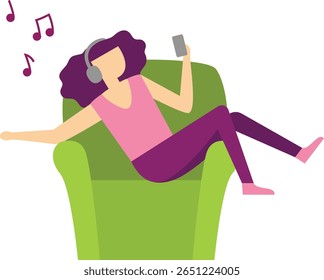 Young woman relaxing on a green armchair, enjoying music through headphones while connecting with her smartphone at home, embracing moments of tranquility and leisure