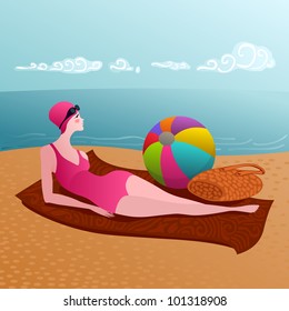 young woman relaxing on a sandy beach after a swim