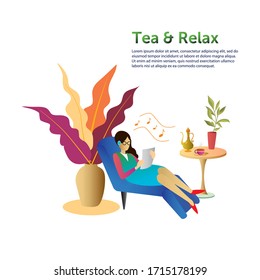 a young woman is relaxing on sofa at home with tea and listening music background. Relaxing concept illustration. Young woman at home. People at home in quarantine. Vector flat style illustration