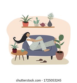 Young Woman Relaxing On Sofa Among House Potted Plants. Stay Home Concept Illustration. Vector. 
