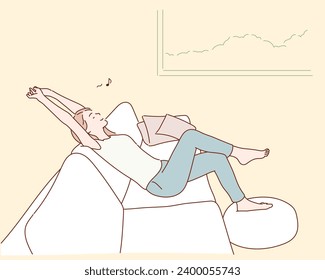 Young woman relaxing on sofa . Hand drawn style vector design illustrations.