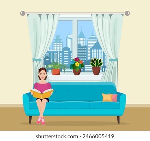 Young woman relaxing on sofa reading book at home. Vector illustration in flat style