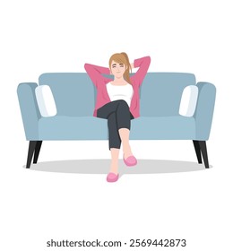 Young woman relaxing on the sofa enjoying time for herself. Flat vector Character Illustration