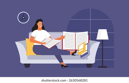 Young woman relaxing on sofa under the lamp and reading book with stack of books at home