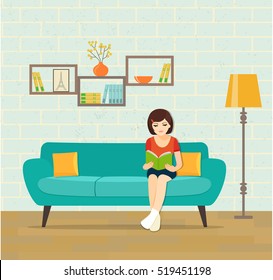 Young woman relaxing on sofa reading book at home. Vector flat illustration