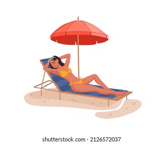 Young woman relaxing on summer beach. Young girl lying beach chair, flat vector lady character sunbathing under umbrella or sunshade. Summer vacation relax, travel to tropical resort and beach leisure