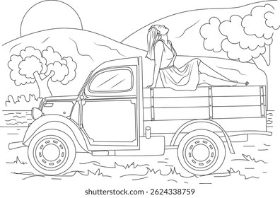 Young Woman Relaxing on Vintage Truck Bed on Sunny Day - Line Art, Black and white line drawing illustration of a young woman relaxing and looking up at the sky while lying in the bed of a vintage