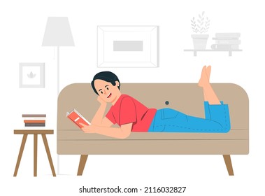 Young woman relaxing and reading a book on sofa, illustration concept.