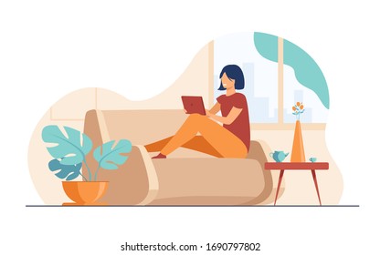 Young woman relaxing at sofa with laptop flat vector illustration. Lady sitting home and watching movie via computer. Digital technology and entertainment concept.