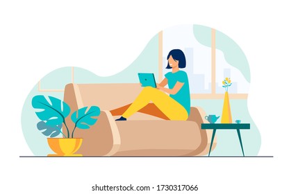 Young woman relaxing at sofa with laptop flat vector illustration. Lady sitting home and watching movie via computer. Digital technology and entertainment concept.