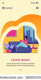 Young woman relaxing at sofa with laptop flat vector illustration. Lady sitting home and watching movie via computer. Digital technology and entertainment concept.