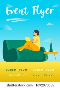 Young woman relaxing at sofa with laptop flat vector illustration. Lady sitting home and watching movie via computer. Digital technology and entertainment concept.