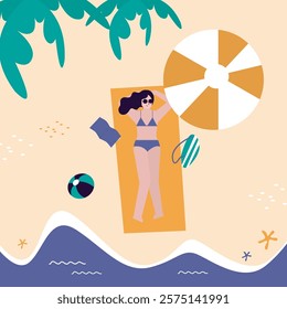 Young woman relaxing and sunbathing in bikini on sandy beach at seaside in summer. Female character in sunglasses lying under umbrella at sea resort. Tropical exotic beach. flat vector illustration