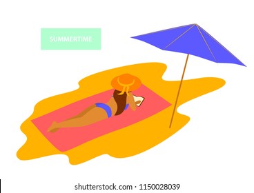 young woman relaxing sunbathing reading book on the beach vector graphic