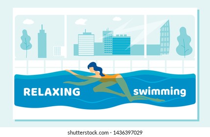 Young Woman Relaxing in Swimming Pool Exercising in Water. Aqua Aerobics, Sports Activity, Body Care Treatment, Healthy Lifestyle, Sport, Relaxed Spa Procedure Cartoon Flat Vector Illustration, Banner