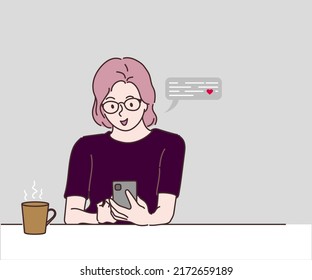 Young woman relaxing table at home, she using mobile phone and drinking coffee. Hand drawn in thin line style, vector illustration.