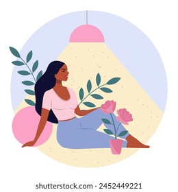Young woman relaxing under a lamp.  Conceptual illustration of relaxation, rest, healthy lifestyle. Happy woman feeling confident, relaxed, accepting and loving herself. Vector illustration