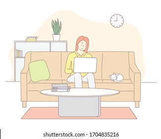 Young woman relaxing work at home on the couch and her cat nearby.Hand drawn style vector design illustrations.