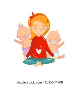 Young woman relaxing in yoga lotus position with her little kids, mom practicing yoga cartoon vector Illustration